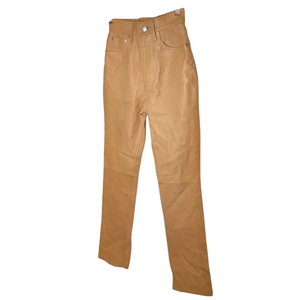 Helmut Lang Femme Hi Bootcut Pants Raw Leather Slim Fit High Rise Natural Sz 24